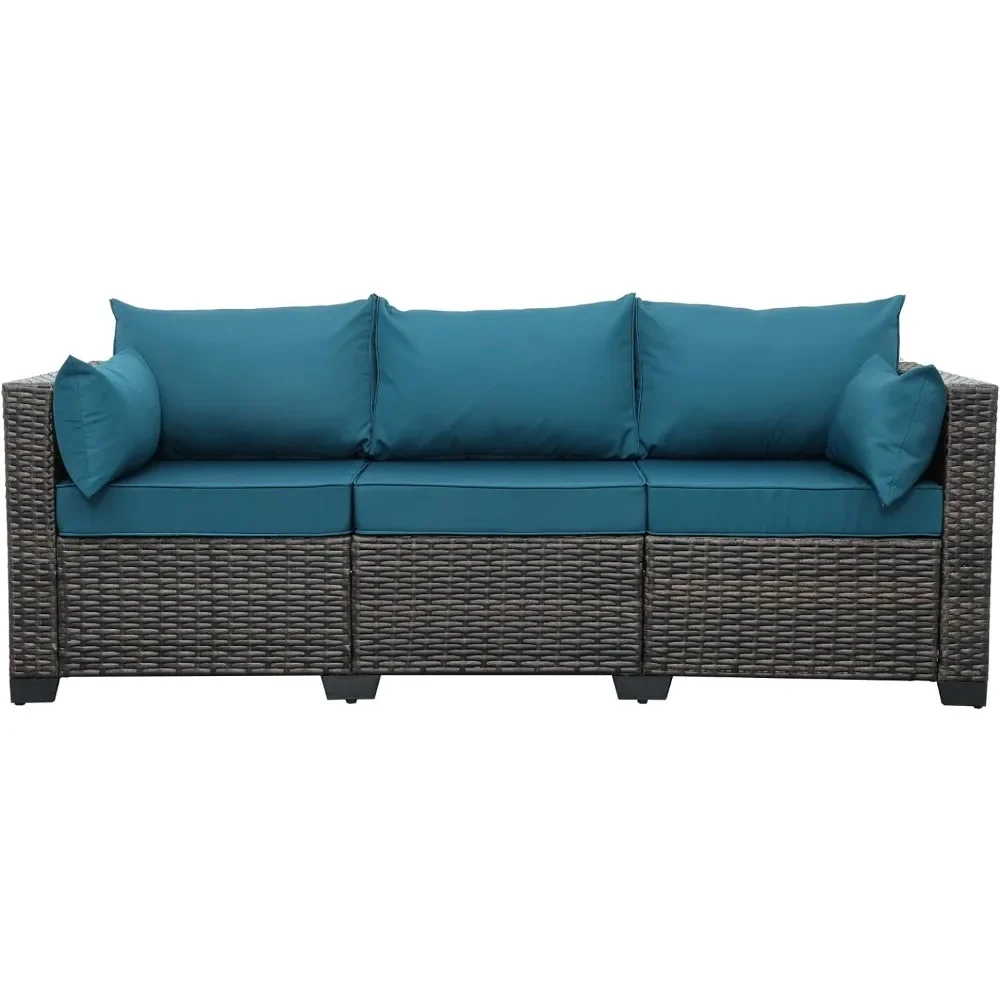 

3-Seat Patio PE Wicker Couch Furniture Outdoor Brown Rattan Sofa with Washable Peacock Blue Cushions