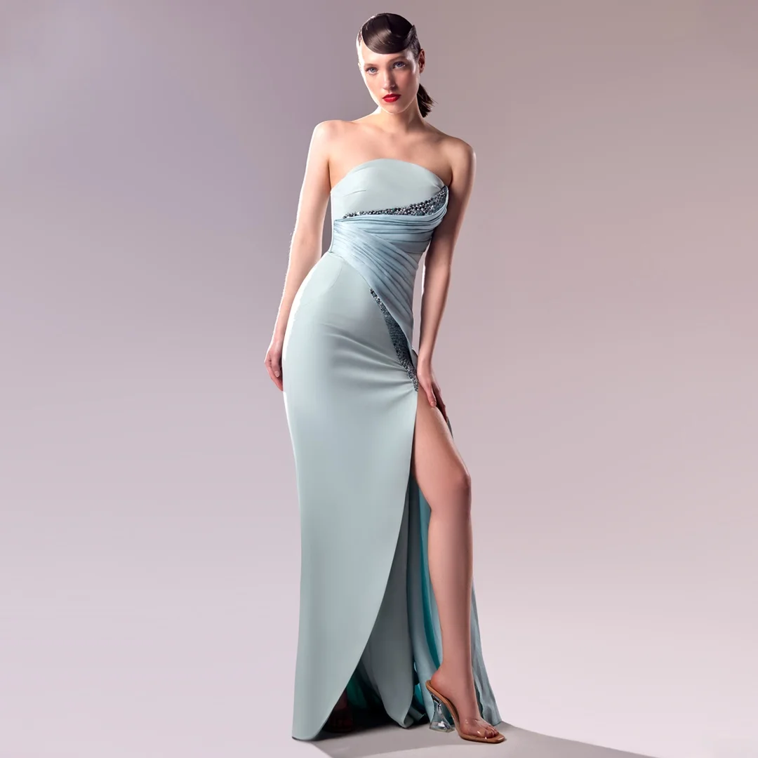 فساتين سهرة مخصصة عالية الجودة من الساتان المستقيم كريستال بدون حمالات وسحاب خلفي بدون أكمام قطار كوكتيل D #3