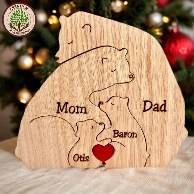 Custom Name Bear Puzzle Art Ornament Free Engraving Family Theme Father, Mother's Day Gift Home Decoration Custom Souvenir