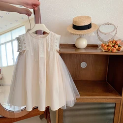 2024 Girls Summer Beige Mesh Spliced Large Skirt Sleeveless Lace Vest Dress Princess Dress Baby Girl Clothes  Dress