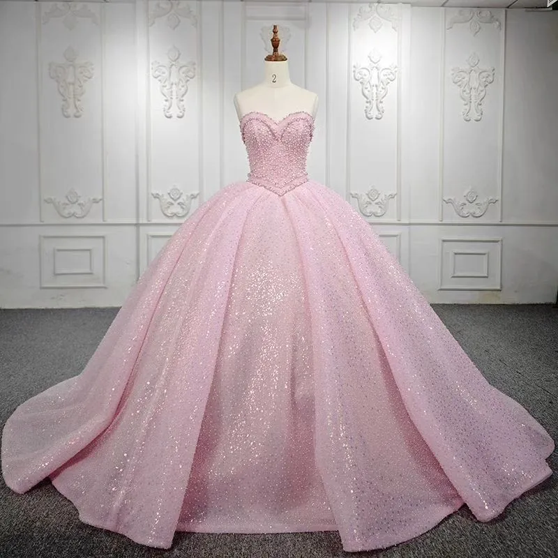 

Luxury Pink Shiny Sweetheart Beading Ball Gown Quinceanera Dresses Vestidos De 15 Anos Sequined Birthday Princess Party Gowns