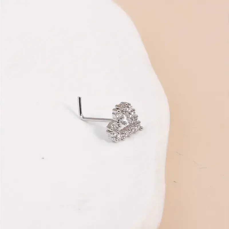 1pc Simple Mini Love Heart L-Shaped Nose Stud Nail Ring Nose Rings Cubic Zirconia Decoration Nose Piercing Jewelry 20/18G