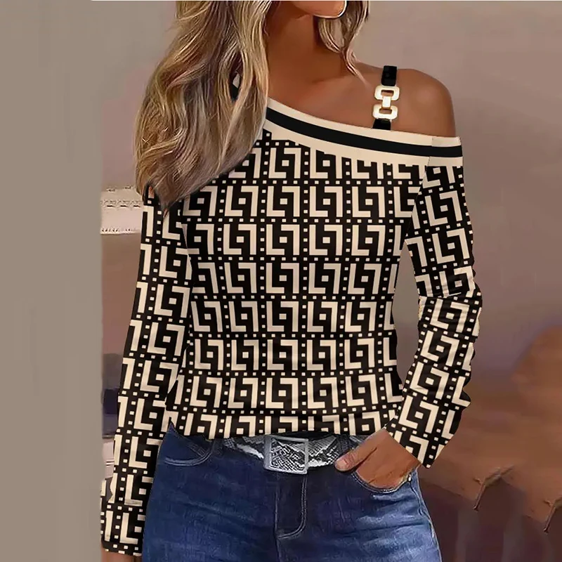 Fashion 2023 New Women Blouse Diagonal Collar Metal Sheet One Shoulder Shirt Ladies Elegant Office Causal Slim Blouse Female