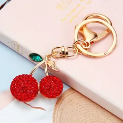 Fashion Cherry Keychains Leaves Crystal Charm Purse Handbag Car Key Keyring Accessories for Women Bag