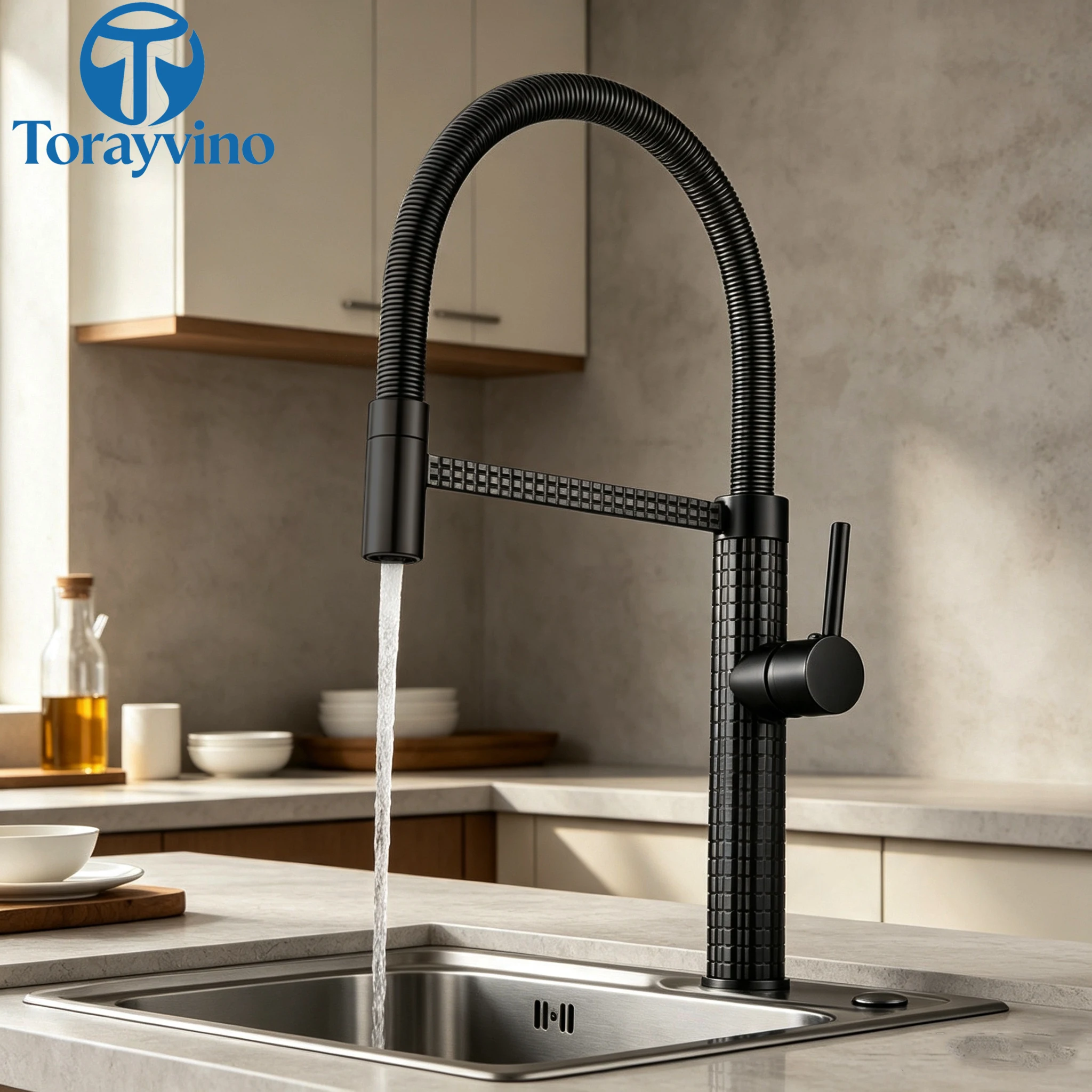 Torayvino Luxury Kitchen Sink Faucet Black Gold Brass 360 Rotate Pull Out Faucets Hot and Cold Swivel Retractable Mixer Tap
