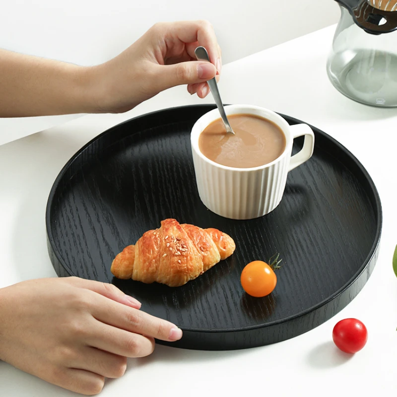 Round Wooden Tray Black Tea Cup Kettle Storage Tray Coffee Dessert Plate Cake Snack Plate Solid Wooden Dinner Plate