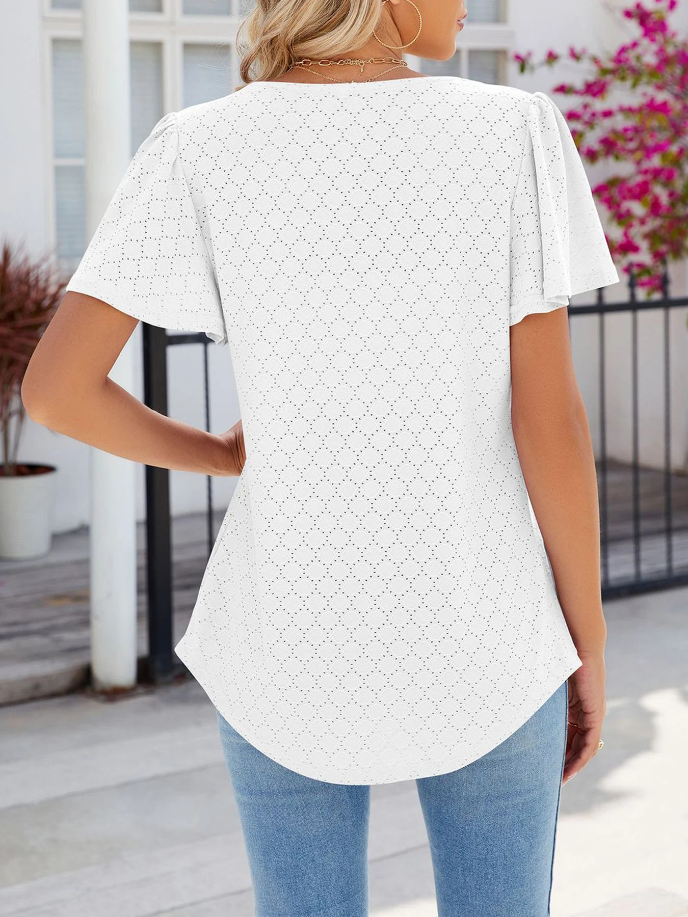 Plus Size Eyelet Solid Pleated T-Shirt Casual Short Sleeve Top For Spring & Summer Women\'s Plus Size Clothing