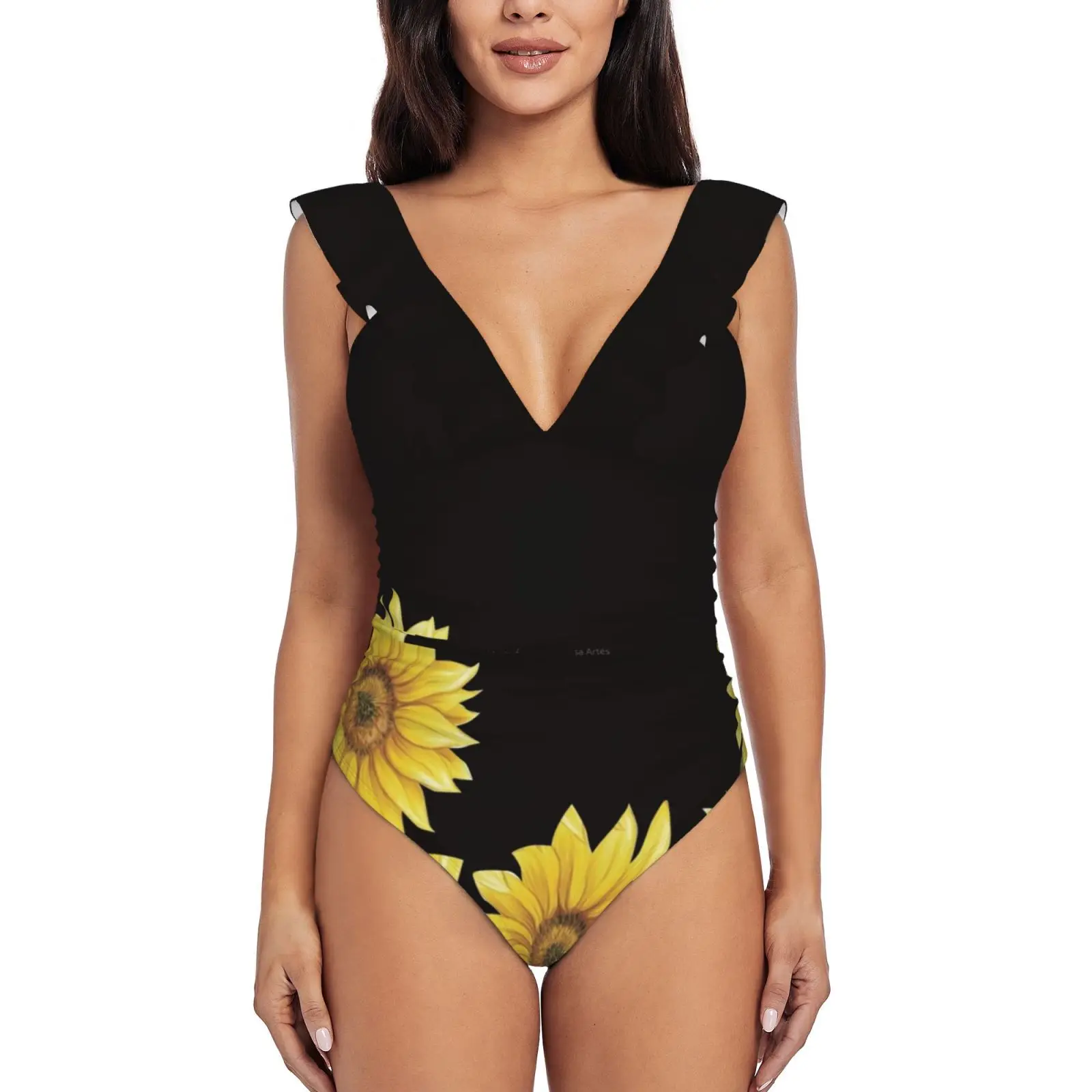 

Sunflowers On Black One-Piece Swimsuit Women Ruffle Bathing Suits New Girl Beach Swimwear Elegant Designs Online Shopping