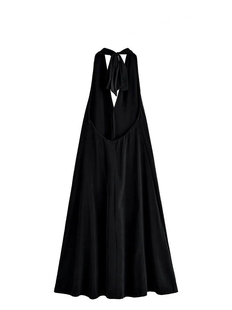 HH Woman Hanging Neck Collar Solid Dresses Women Summer Midi Dress Fashion Pleated Sleeveless Bow Decorate Backless Dress