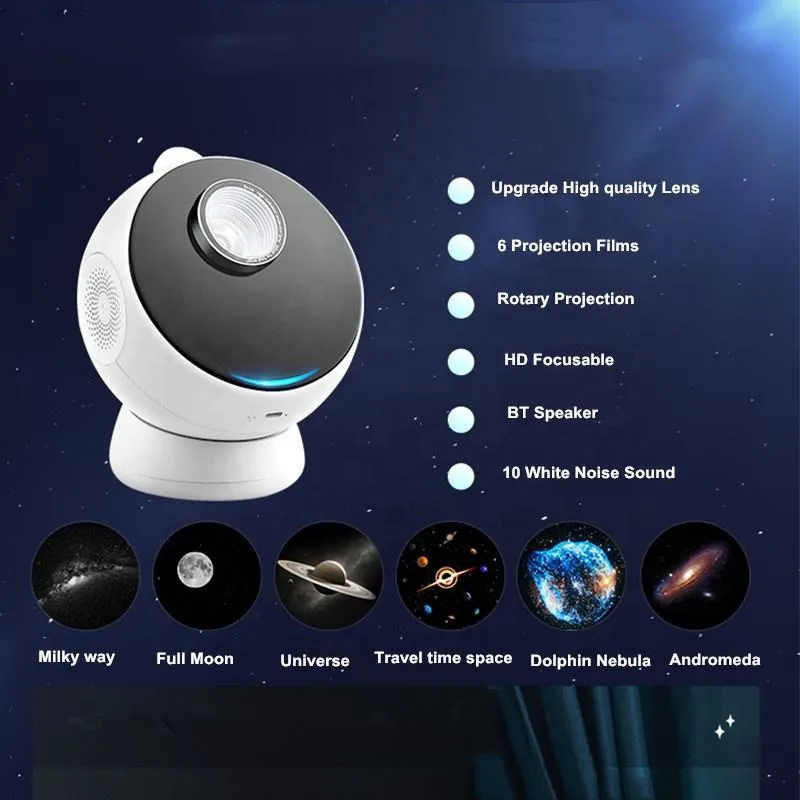 Projetor Galaxy sem fio com alto-falante BT estéreo, planetário estrelado, foco ultra claro, 3D Visual, alta qualidade