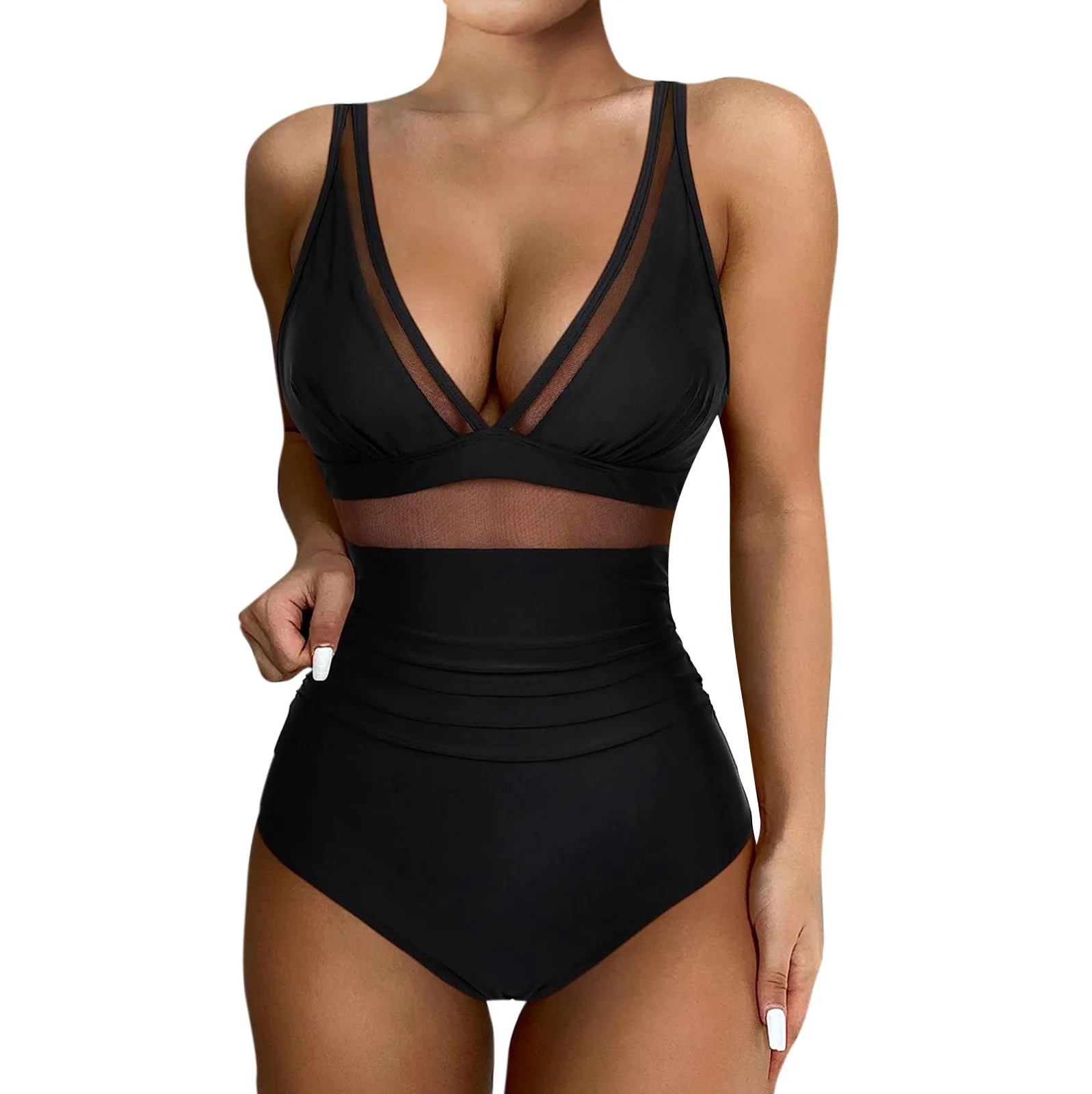 Bikini de una pieza para mujer, traje de baño Sexy de empalme de malla con escote en V profundo, cintura alta, pliegues, ajuste Delgado, ropa de playa, traje de baño informal de tendencia básica