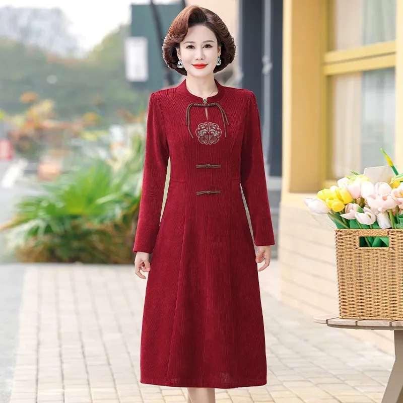 Gaun A-Line elegan pakaian wanita gaun berpergian lengan panjang musim semi musim gugur bergaya Vintage bordir dalam gaya Cina gaun