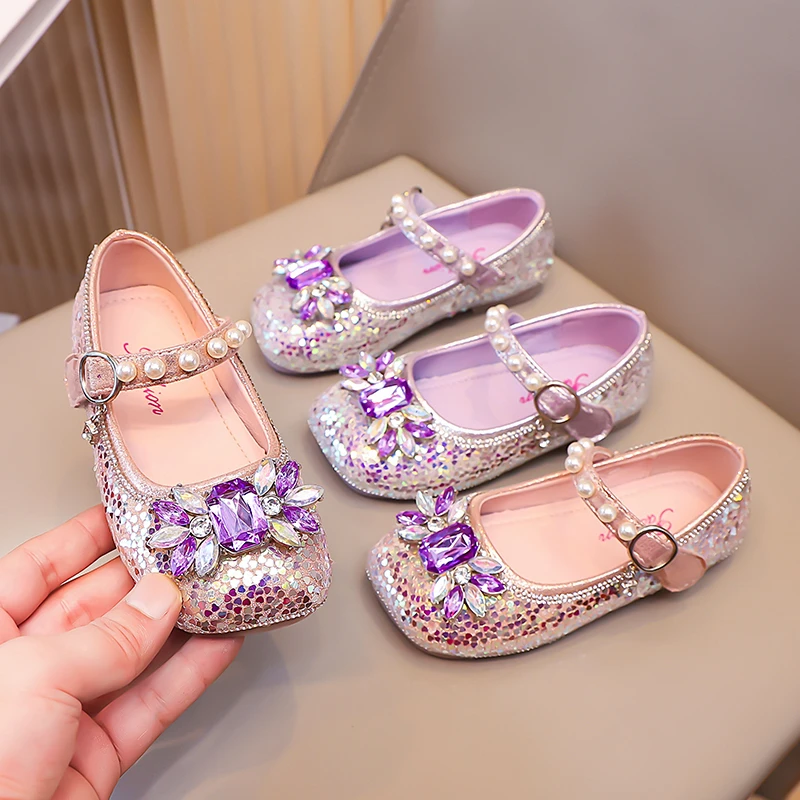 

Girls Sequins Princess Shoes Children Leather Shoes for Party Wedding Fashion Kids Flats Performance Shoes Soft Sole Size 25-33