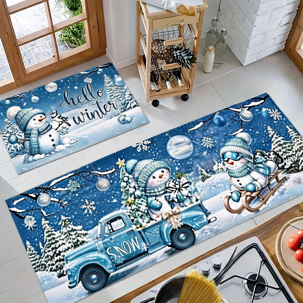 Holiday Kitchen Runner Rug Long Plush Flannel Floor Mat with Snowflake Pattern Non Slip Water Absorbent for Kitchen Bathroom