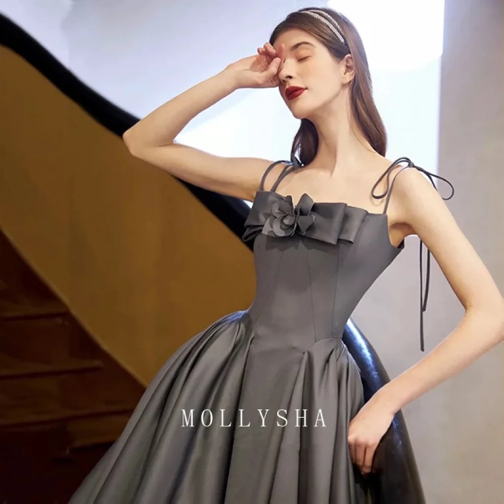 

Gary Атласные платья для выпускного вечера на бретельках с цветочным бантом и аппликацией на молнии Длинное вечернее платье трапециевидной формы Винтажное вечернее бальное платье Новое