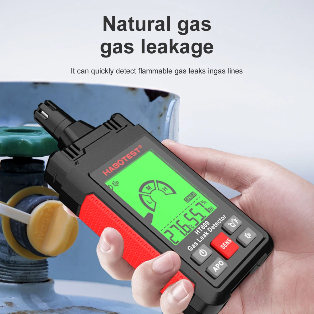 HT609 Gas Analyzer Gas Leak Detector with Sound Screen Alarm LCD Display Combustible Flammable Natural Methane Gas Detector