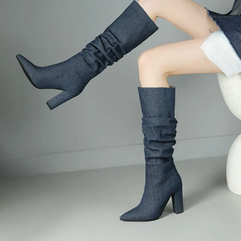 2024 Charm Denim Jeans Blue Black Pointed Toe Stiletto Shoes Slip-on Winter Luxury Shoes Block High Heels Knee-high Women Boots