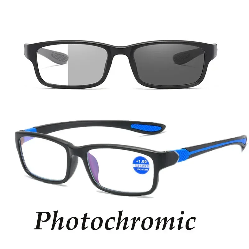 

Photochromic TR90 Sports Reading Glasses Blue Light Blocking Square Frame Eyewear for Men Women Far Sight Presbyopia Eyeglasses
