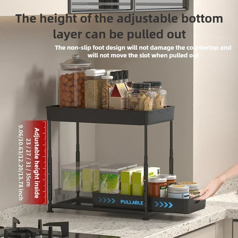 Modern Simple Kitchen Sewer Double Adjustable Bathroom Organizing Push-pull Drawer Seasoning Bottle Storage Shelf Removable