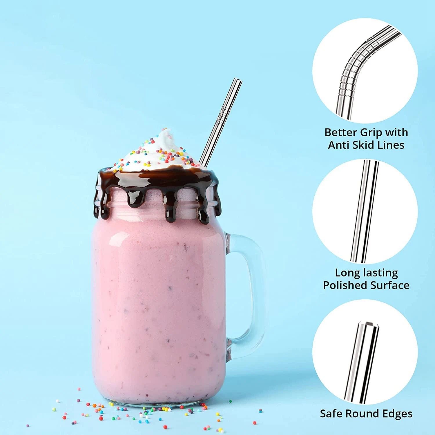 Palhas de aço inoxidável reutilizáveis e ecológicas, para copo, coquetel, com viagem, 8.5 polegadas