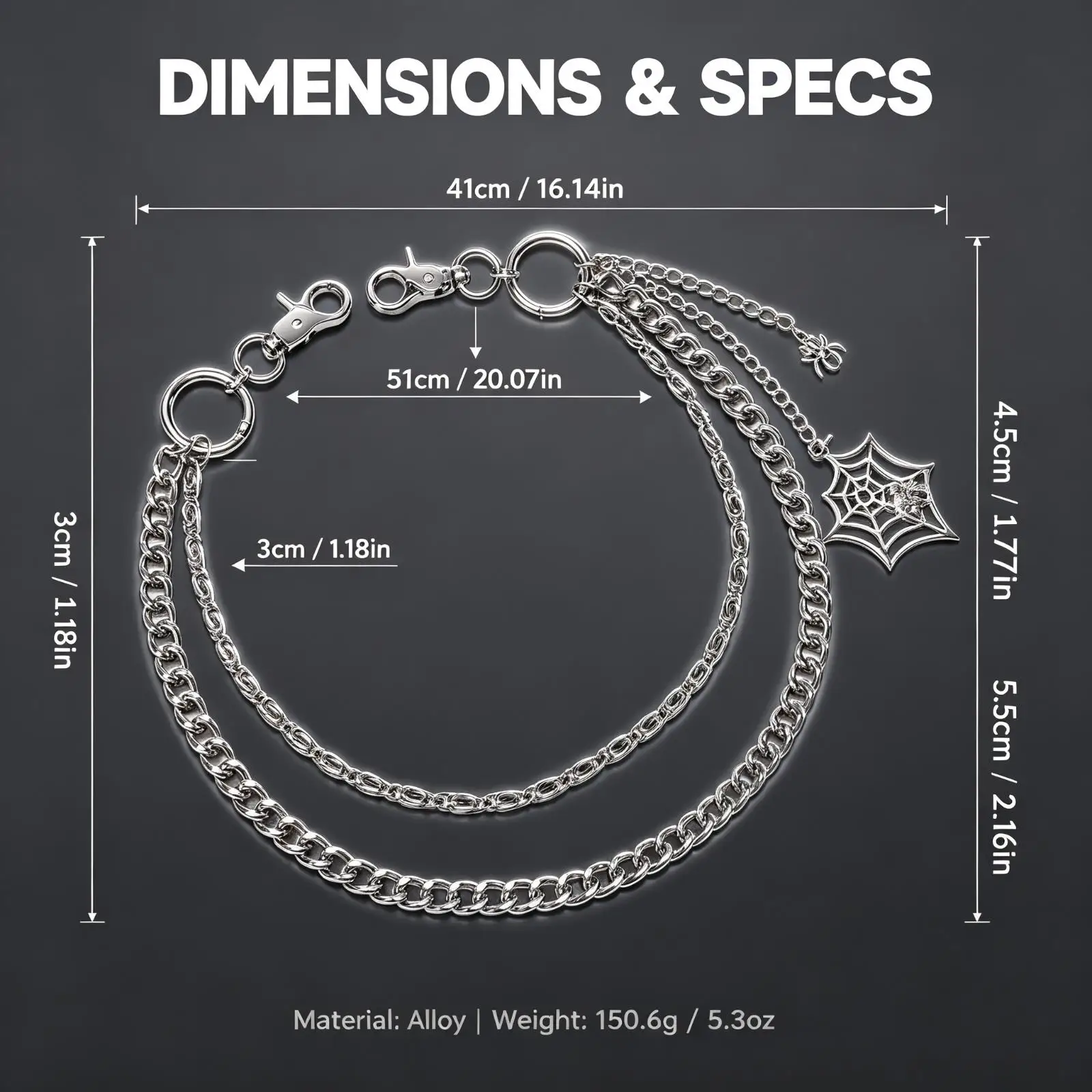 Spider Web Multi-Layer Pants Chain – Silver Alloy Punk Hip Hop Waist Chain for Jeans, Gothic Halloween Costume Accessory
