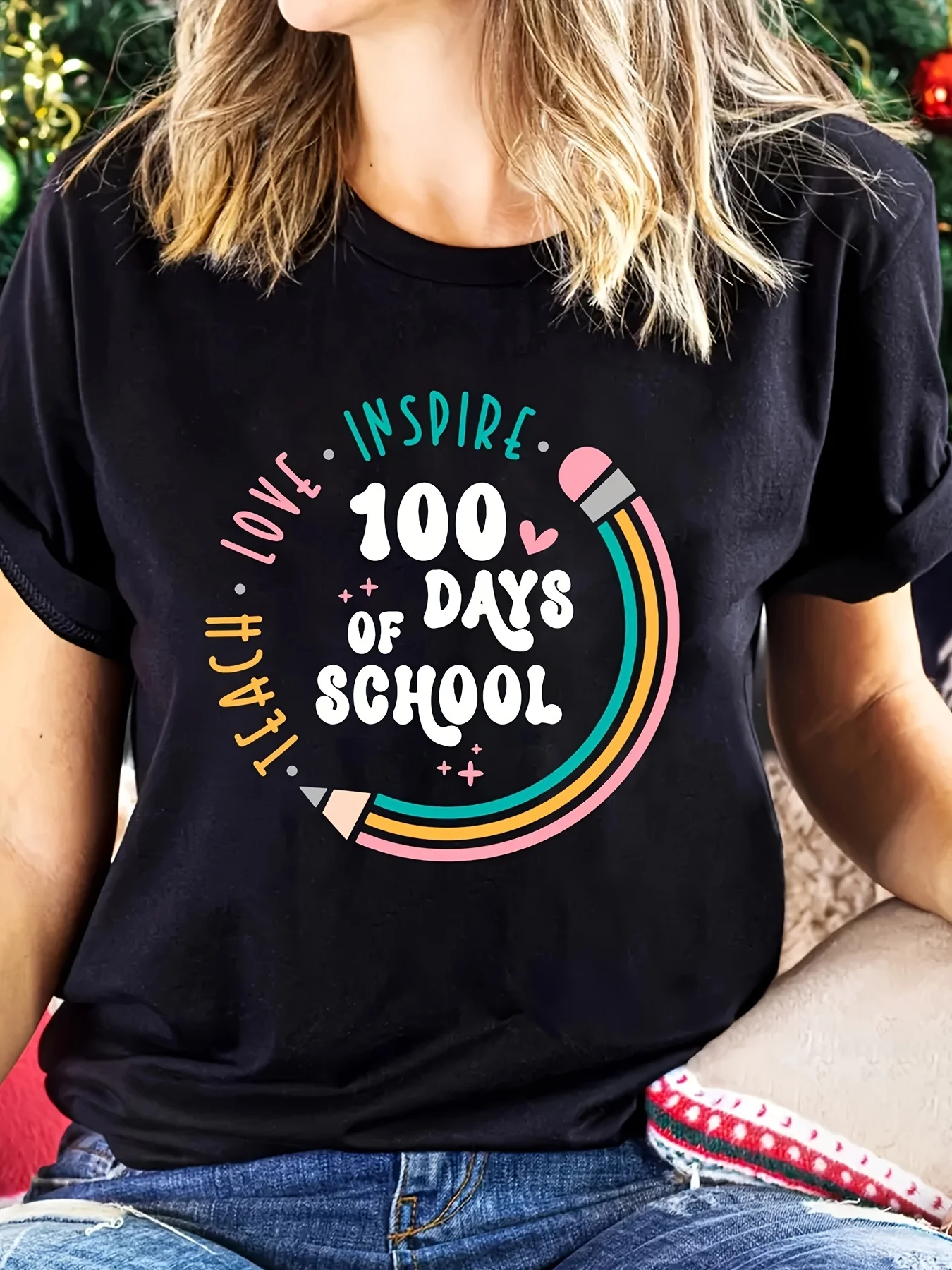 100 Days of School Learning Laughs Women's Letter Print Tee T-Shirt Funny Cute Shirt Tops Teacher Summer Outfit Women Clothing