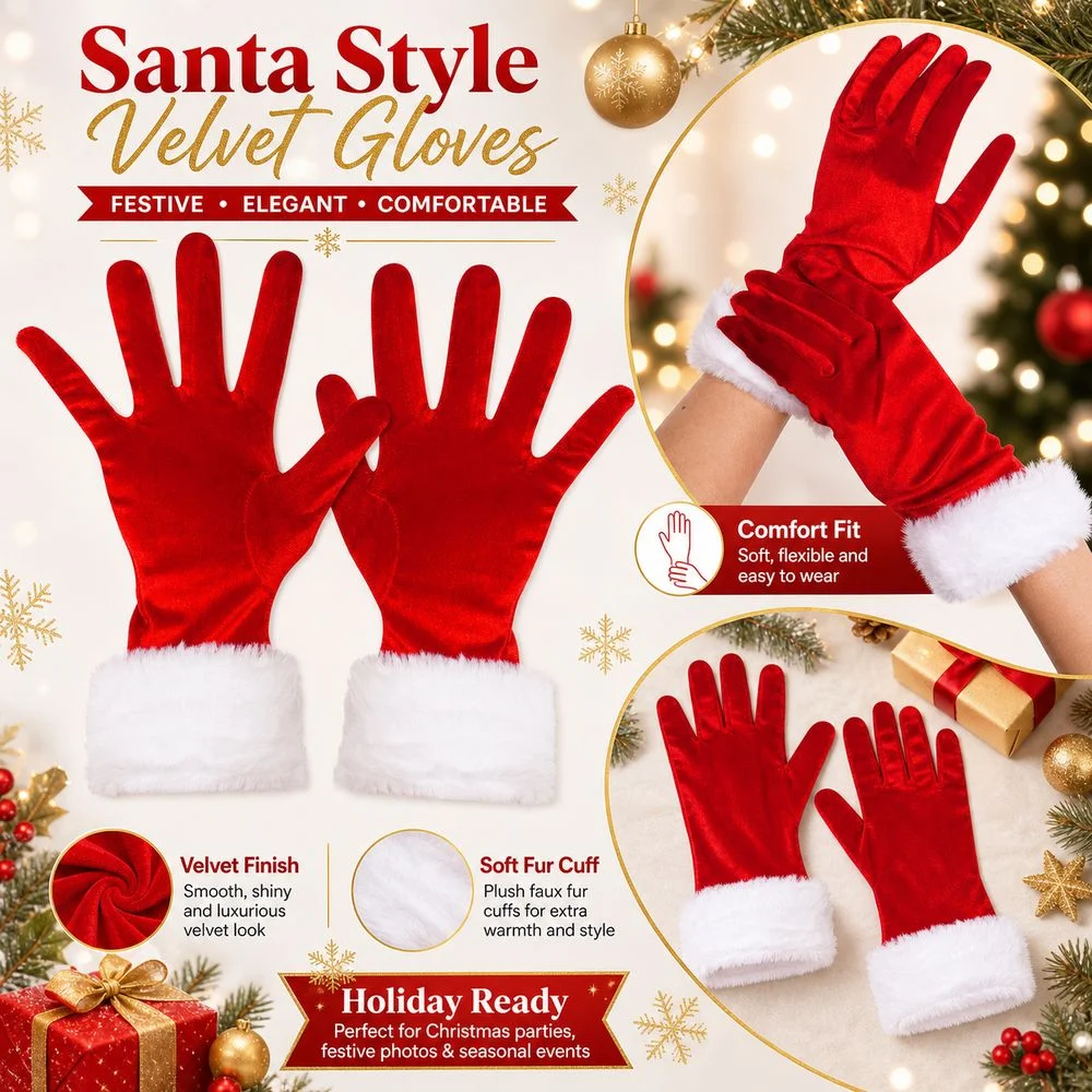 Velvet Gloves Christmas Costume Gloves Red Velvet White Faux Fur Trim Women Christmas Gloves Soft Warm Full Finger