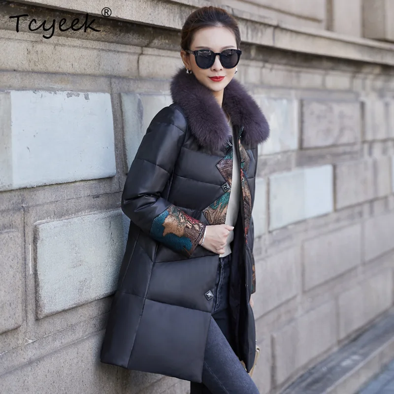 Tcyeek Echtes Schaffell Weiße Ente Sowm Herbst Winter Schwarz Mittellange Damen-Echtlederjacke Ж Ett Byd Mohamed Afrikaans