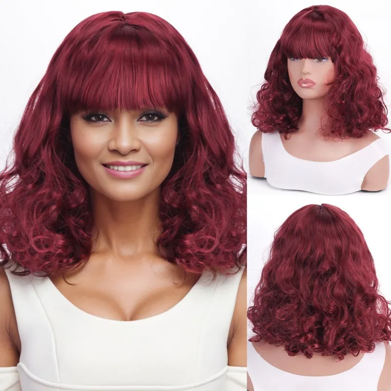 

Women's Wig Wine Red Bangs Med-Length Ladies Synthetic Curly Hair Wig+Wig Cap
