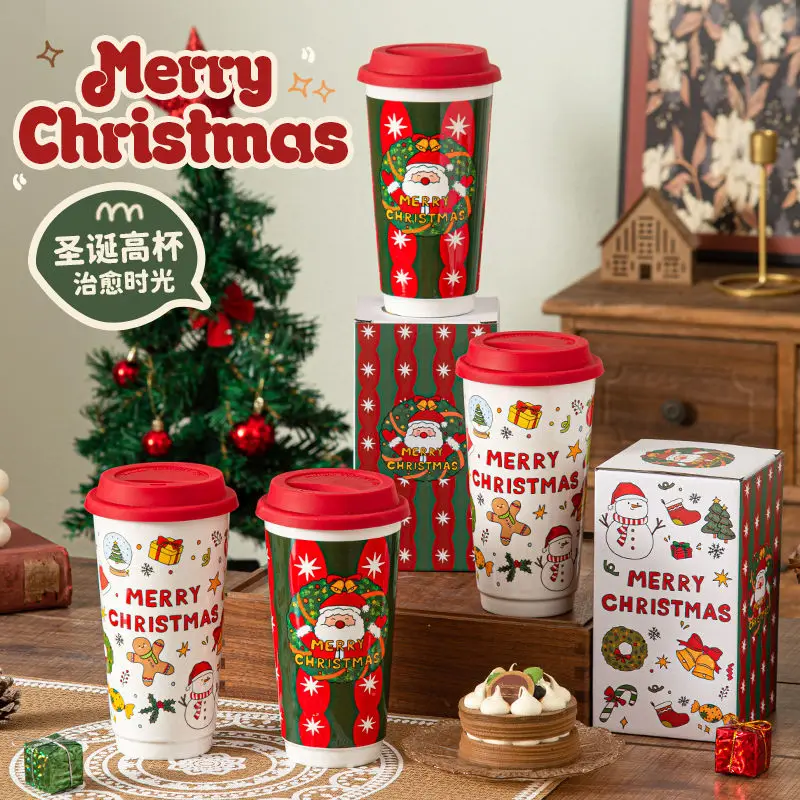 New Christmas Ceramic Cup Office Home with Silicone Cover Coffee Mug ，580ml Water Cups Cartoon Cute Christmas Gift Drinkware