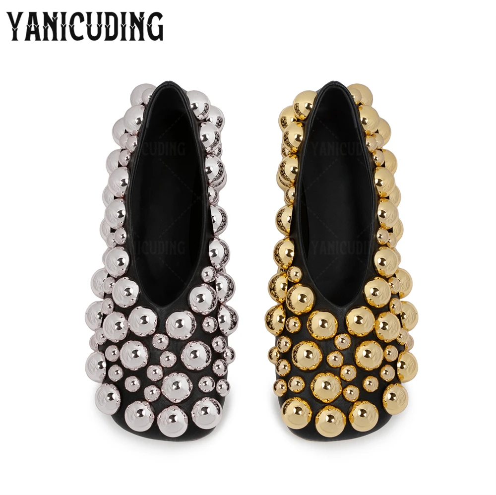 Metallic Stud-Embellished Ballerinas Silver Gold Embellished Black Leather Flats Square-Toe Bubble Beads Women's Elegant Loafers