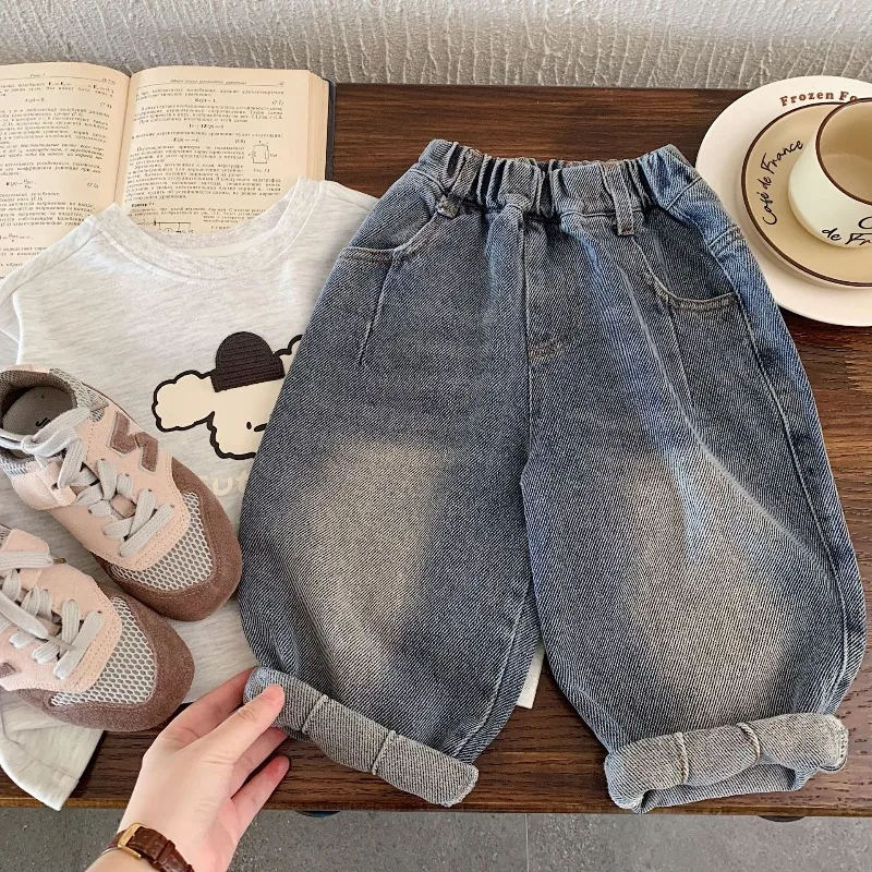 2026 Spring New Kids Clothes 2-7Y Trendy Solid Color Loose Jeans for Boys and Girls Casual Denim Pants Children Baby Pants