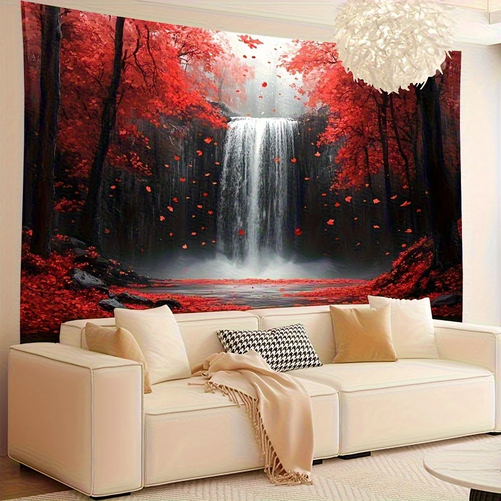 2D Flat 1pc Red Maple Waterfall Tapestry - Vibrant Autumn Leaves Serene Waterfall Design Durable Fabric Indoor Wall Hanging For