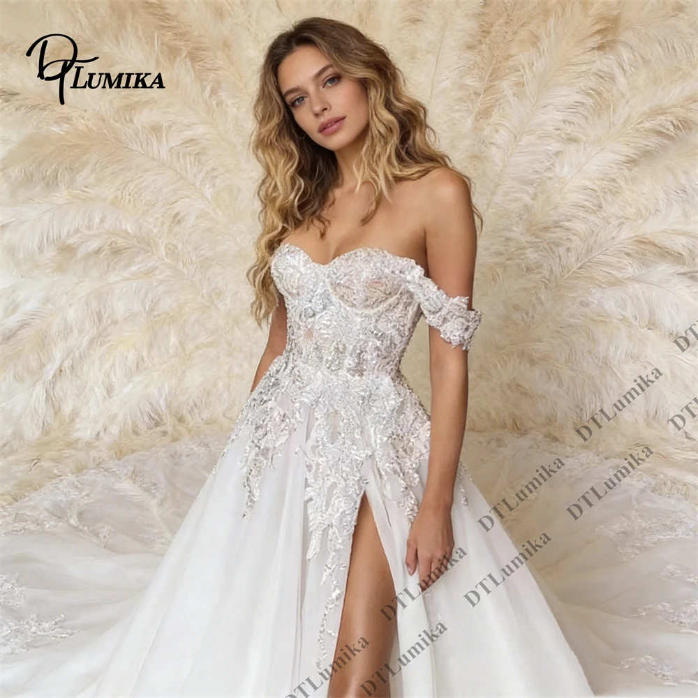

DTLumika Off Shoulder A Line Wedding Dress for Bride to be 2026 Sweetheart Neckline Long Chapel Train High Split Bridal Gown