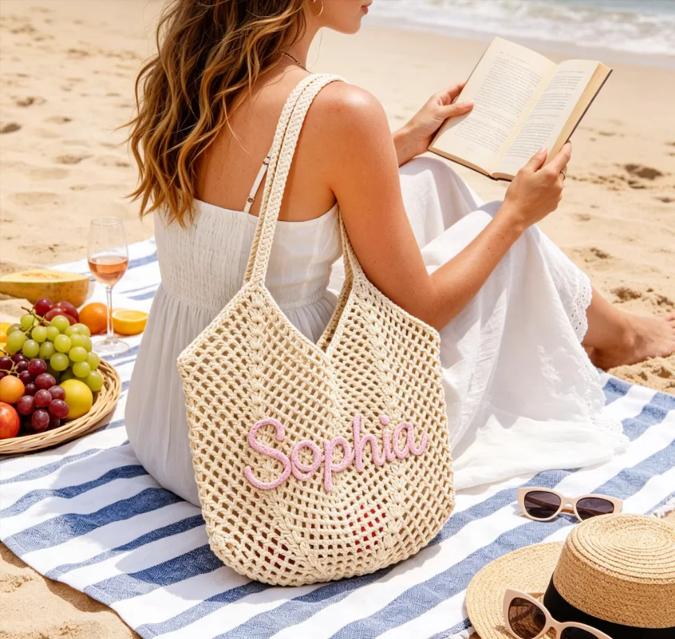 Personalized Crochet Beach Tote Bag, Custom Name Cotton Yarn Handmade Beach Bag, Lightweight Breathable Travel Tote Bag