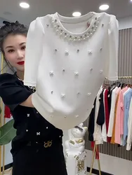 Peals Diamonds Beading Cotton T-shirt Women 2024 Summer Korean Fashion O-Neck Solid Color Puff Short Sleeve Slim Tees Tops White