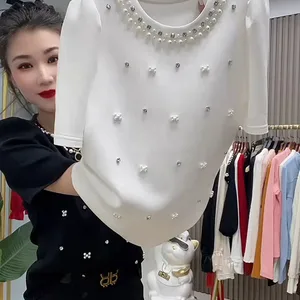 Cotton T -Shirt mit People's Pearling, Tops mit O -Colle, Kurzarm, Weiß, Monochrom, fein, koreanische Mode, Sommer, 2024 12 Hauptverkäufe von Branco Branco - №5