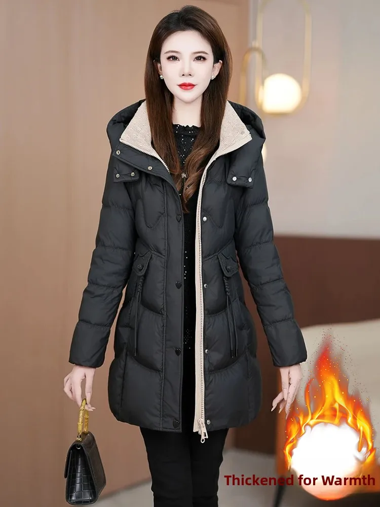

Thiened Cotton Jaet Women's Faionable Mid-Length Coat Hooded Slimming Winter New Sle Mommy's Clothing
