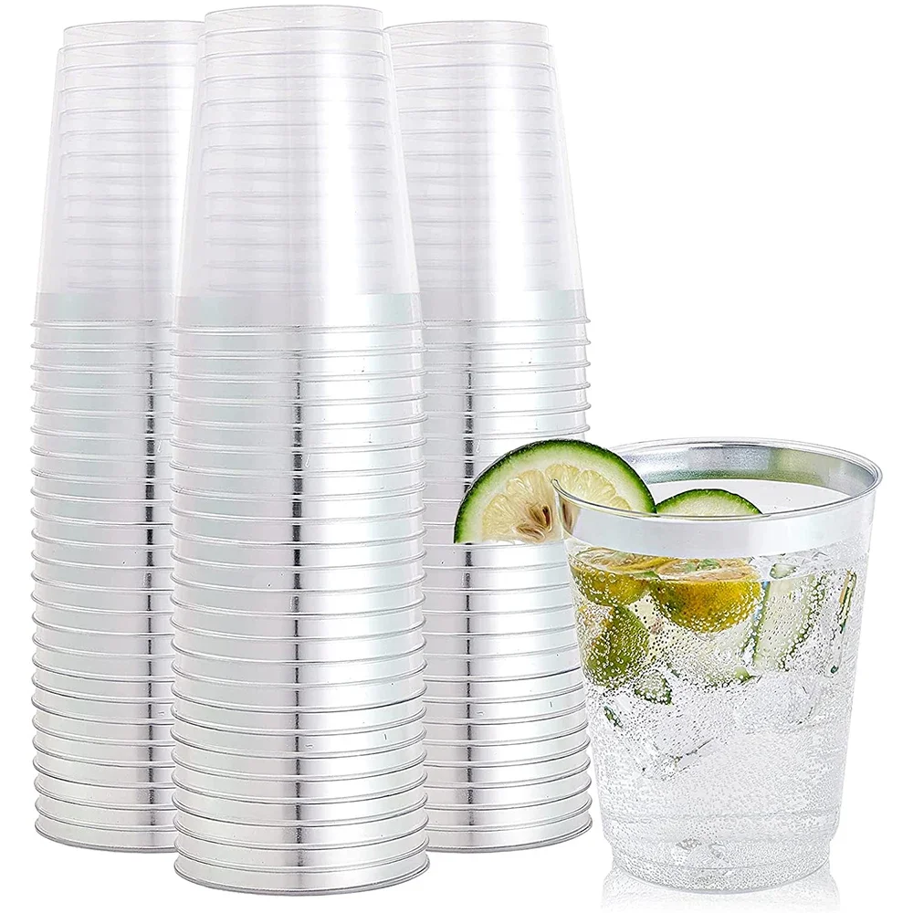 Taza desechable de 20 piezas, vaso de plástico duro con borde dorado y rosa plateado, vasos transparentes de 10 Oz, suministros para fiesta de boda y cumpleaños