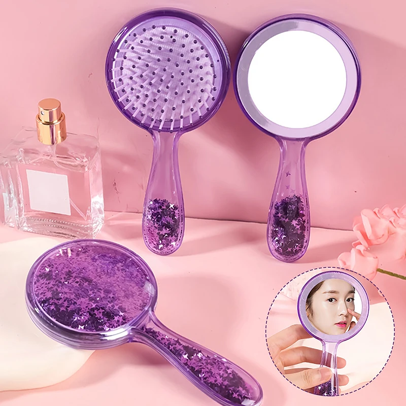 

Purple Shiny Handheld Makeup Mirror Mini Airbag Comb Massage Comb Travel Portable Easy To Carry High-definition Makeup Tools