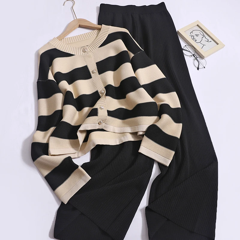 Korean Fashion Retro Striped O-neck Casual  Long Sleeve Knit Cardigan High Waist Slim Wide Leg Pants Women Two-piece Set Autumn