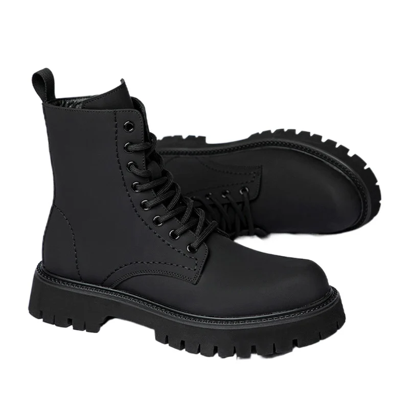 

2025 Autumn Early Winter Shoes Mens Fashion Motorcycle Boots Brand Male Ankle Boots Pure Black Non-slip Thick Sole DX583