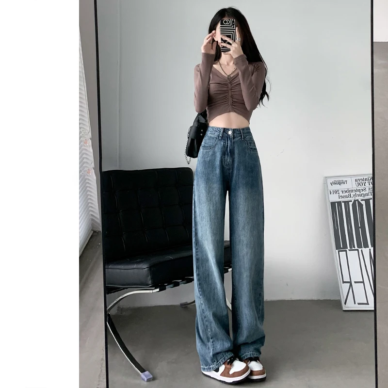 Good Quality Soft Chic High Waisted Wide Leg Jeans Women All Season Streetwear Full Length Denim Baggy Pants Cheap Wholesale