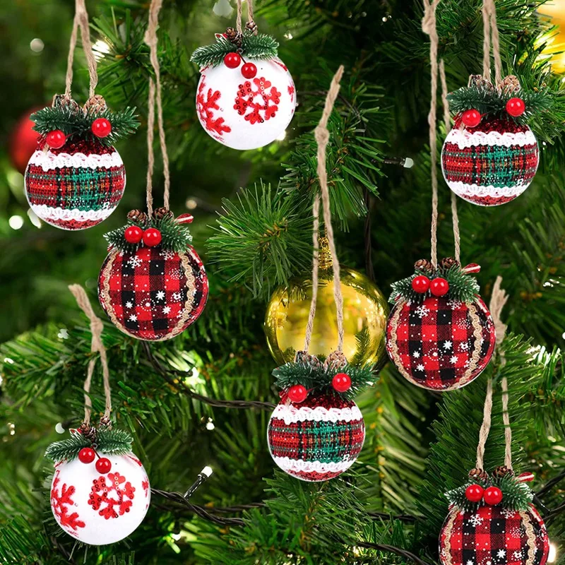 9PCS Christmas Decor 3.15Inch Christmas Check Fabric Wrapped Balls Pendants For Christmas Decor A