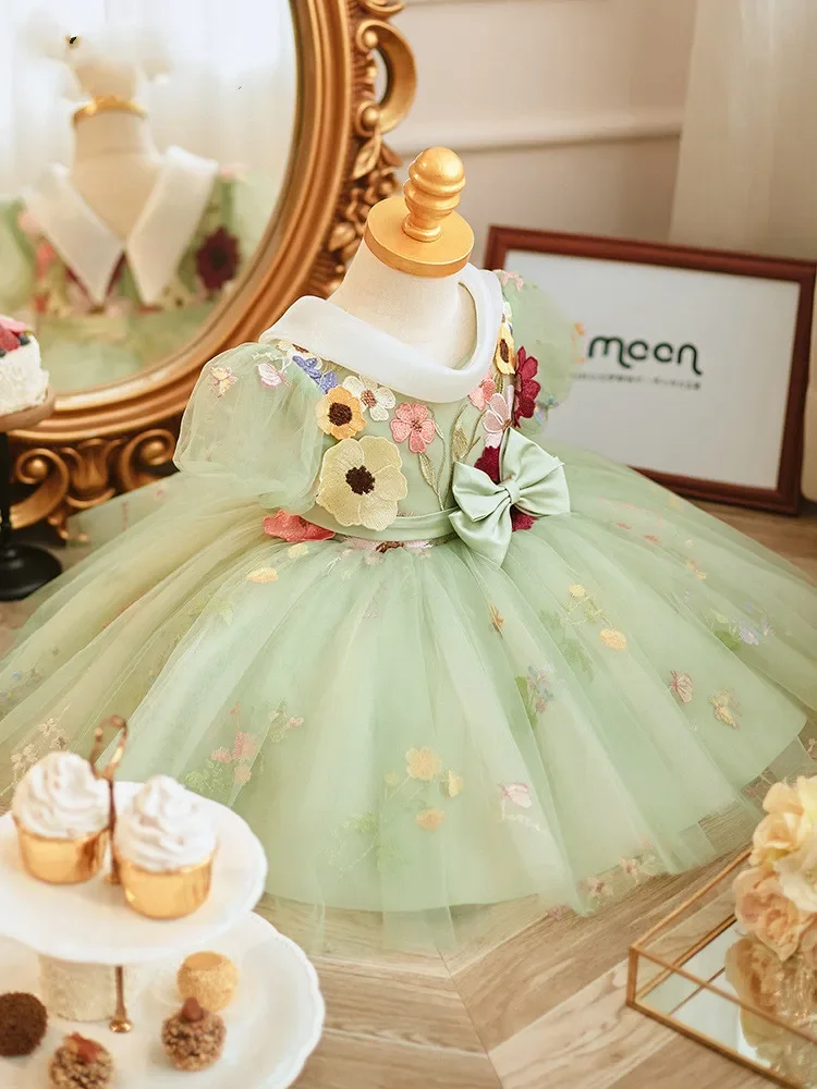 

2024 Party Dress for Girl Infants Luxurious Princess Fairy Green Dresses Kids Flower Banquet Ball Gown Children Clothes 12 Years