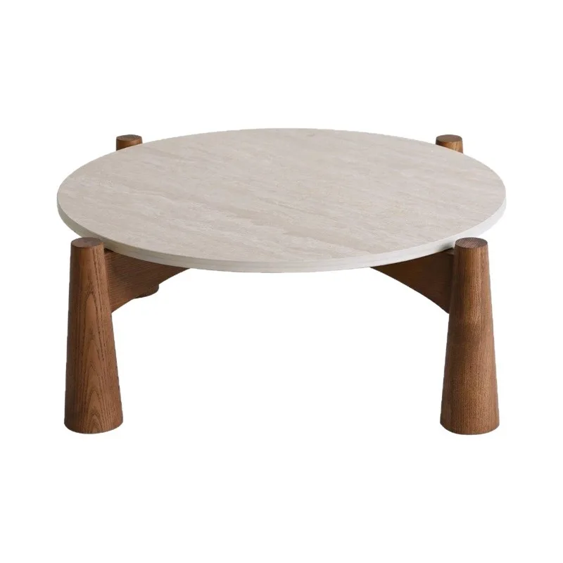 

French travertine rock slab round solid wood coffee table Nordic small apartment living room tea table