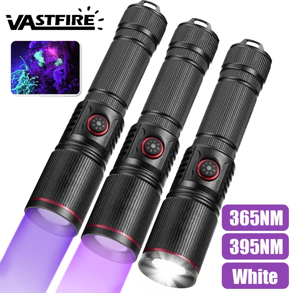 Powerful LED UV Flashlight 365/395nm/White Zoom Torch Light Lamp Aluminum Alloy Flashlight with Rope Pet Stains Urine Detector