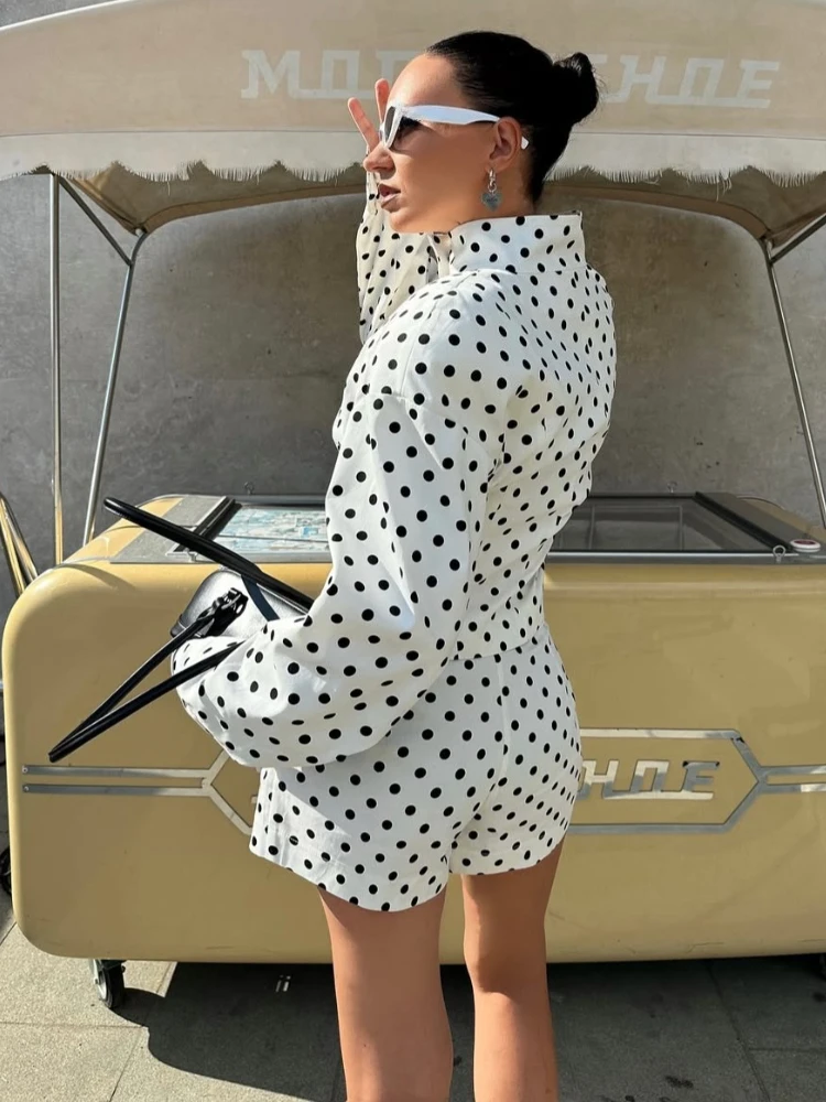 Tsiisd تخفيف الطباعة منقطة 2 قطعة مجموعة السراويل النساء طويلة الأكمام المرقعة التباين قمصان معطف الإناث السراويل وتتسابق