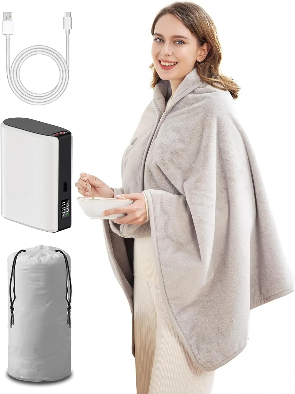 

USB Cordless Heated Blanket with Battery Pack, Portable Electric Shawl for Neck and Shoulder, 3 Heat Levels