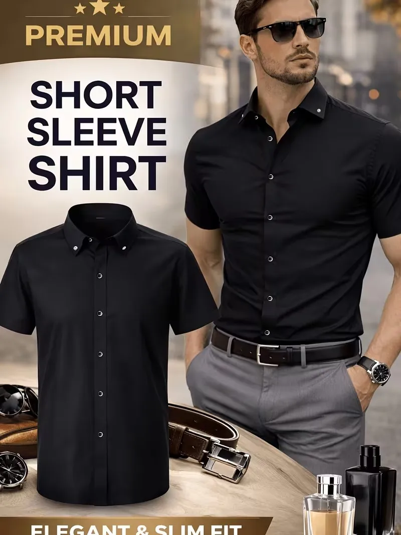 Men's Short-Sleeve Shirt Turn-Down Collar Versatile Casual Business Formal Wear for Daily Occasions